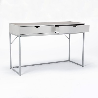 Contemporary Gray Wood Writing Desk with Drawer and Metal Base