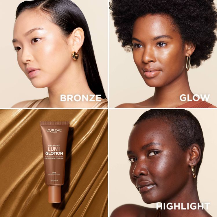 Four images show different skin tones with highlighted effects labeled "BRONZE," "GLOW," and "HIGHLIGHT," alongside a tube of L'Oreal Paris True Match Lumi Glotion.