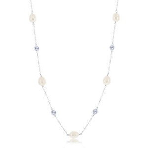 Bella Silver Sterling Silver Bezel Set CZ and Freshwater Pearl Necklace - White - 16+2 Inch - 1 of 3