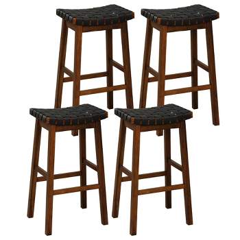 Tangkula Saddle Stools Set of 4 31 Inch Counter Height Stools w/ PU Leather Woven Seat Brown