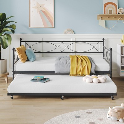 daybed with Trundle, Metal Twin Daybed and Trundle Set, Day Bed Sofa Bed Frame with Steel Slat Support