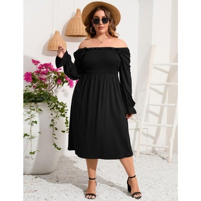 YesFashion Women's Plus Size Ruffle Long Sleeve Dress Square Neck High Waist Smocked Tunic Maxi Dress A Line Dress