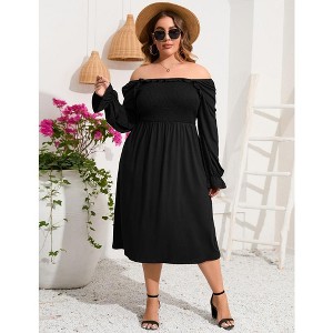 YesFashion Women's Plus Size Ruffle Long Sleeve Dress Square Neck High Waist Smocked Tunic Maxi Dress A Line Dress - 1 of 4