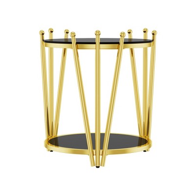 Dolonm Modern Luxury Gold End Table for Living Room, Round 8mm Black Tempered Glass Sofa Side Table