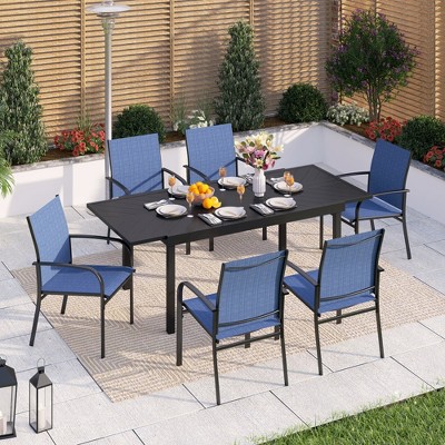 Captiva Designs 7pc Patio Dining Set with Slat-top Adjustable Steel Rectangle Table & Sling Fixed Dining Chairs