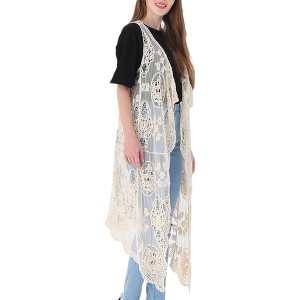 Anna-Kaci Women's Floral Lace Boho Crochet Long Line Cardi Vest - 1 of 4