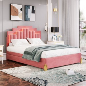 Queen-Size Upholstered Platform Bed with LED Illumination and 4 Storage Drawers, Featuring a Chic Metal Leg Architecture - 1 of 4
