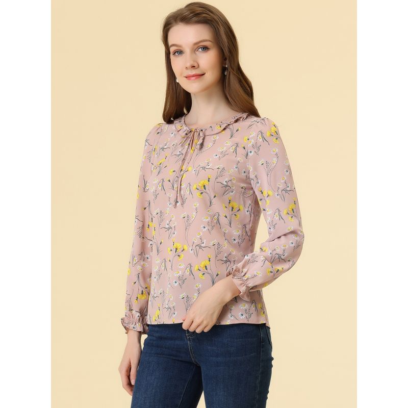 Allegra K Women's Floral Tie Neck Frilly Trim Long Sleeve Chiffon  Blouse, 3 of 6
