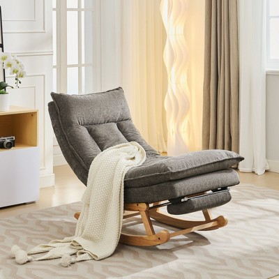 Hyleory Solid Wood Upholstered Rocking Chair with Retractable Hidden Footrest