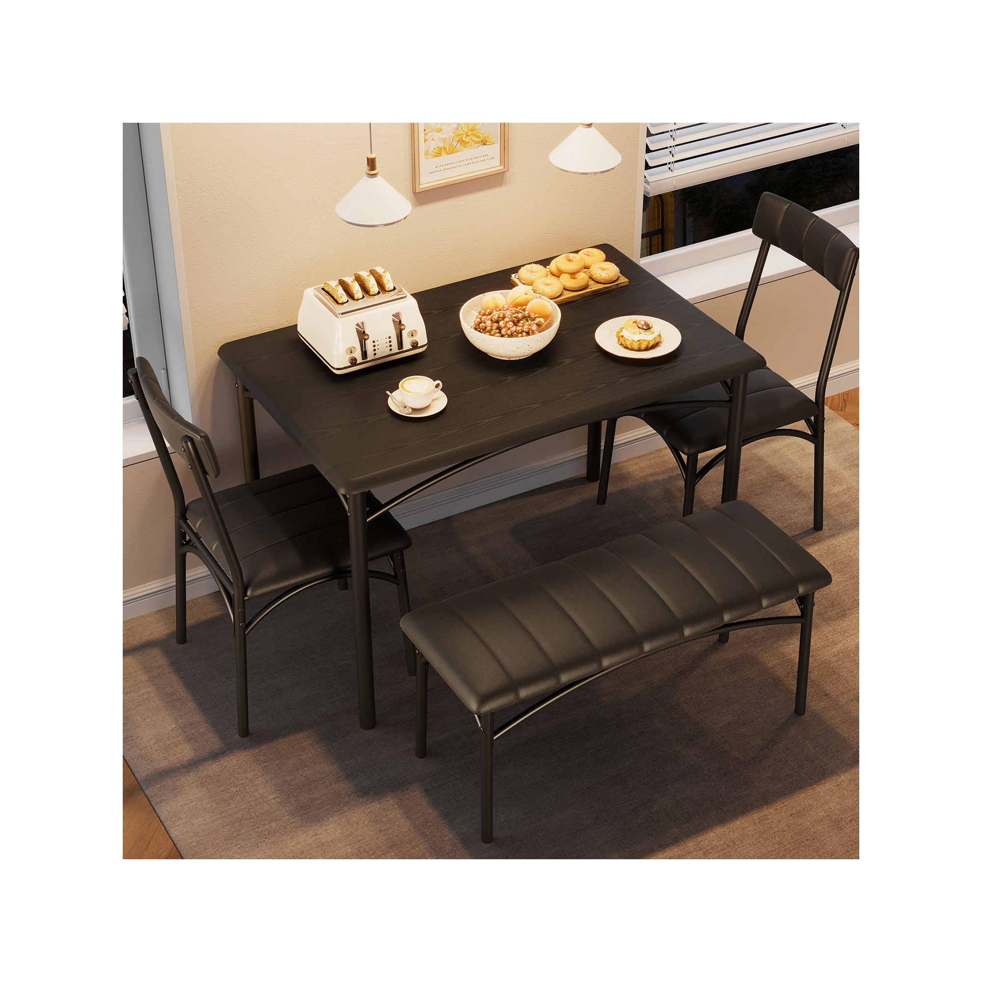 Dining Table Set for 4, Kitchen Table with Chairs, Rectangular Wood Dining Room Table with Upholstered Bench for Small Space, Dinner, Apartment