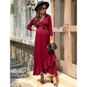 Coolmee Women's Maternity Dress V neck 3/4 Sleeve Ruffle Long Dress High Waist A Line Maxi Dress with Belts - 1 of 4