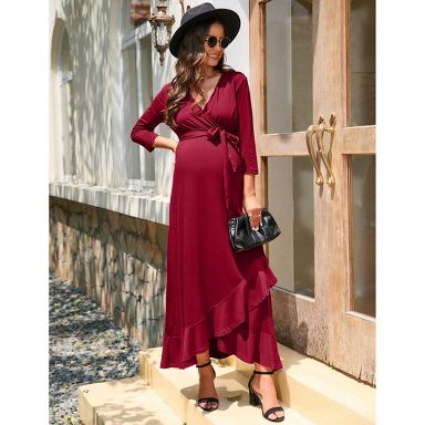 Coolmee Women's Maternity Dress V neck 3/4 Sleeve Ruffle Long Dress High Waist A Line Maxi Dress with Belts Burgundy 2XL