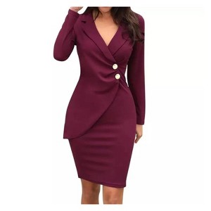 Coolmee Work Midi Dresses for Women Long Sleeve Elegant Wrap Business Church Office Sheath Dress with Button - 1 of 4