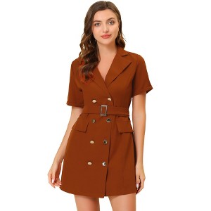 Allegra K Women's Solid Double-Breasted Turn-Down Collar Casual Work Belted Dress - 1 of 4
