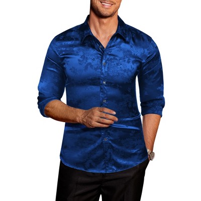 COOFANDY Men's Silk Satin Jacquard Long Sleeve Floral Button Up Shirts