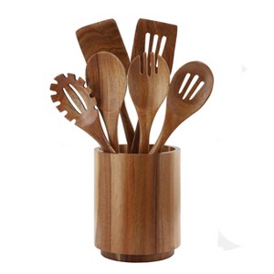 MegaChef 7 Piece Acacia Wood Kitchen Cooking Utensil Set with Crock in Dark Brown - 1 of 4