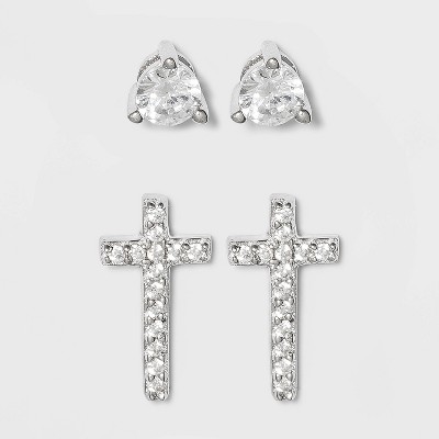 Sterling Silver Cubic Zirconia Round Stud and Cross Earring Set - A New Day™ Silver