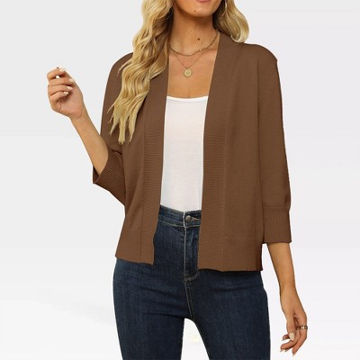 Women's Lightweight 3/4 Sleeve Cropped Cardigan Sweater Open Front Short Shrugs,Coffee - S