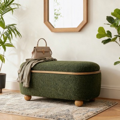 Homy Casa Upholstered Storage Bench with Lift-Top and Wooden Legs, Green