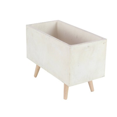White Fiber Clay Rectangular Planters with Wood Legs, Set of 2