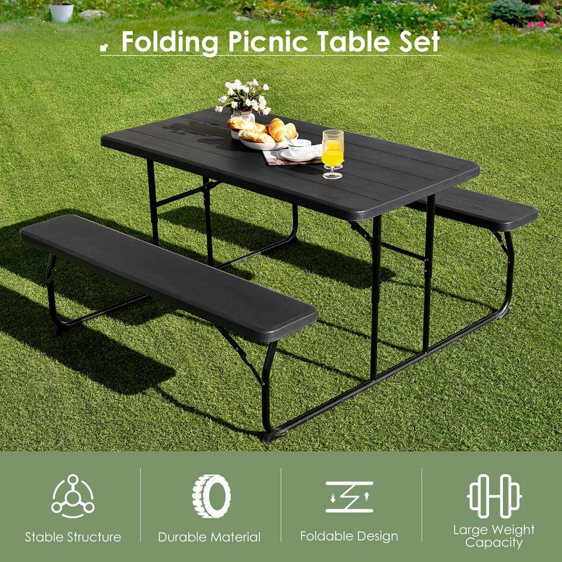 Costway Folding Picnic Table & Bench Set for Camping BBQ w/ Steel Frame White/Balck, 5 of 11