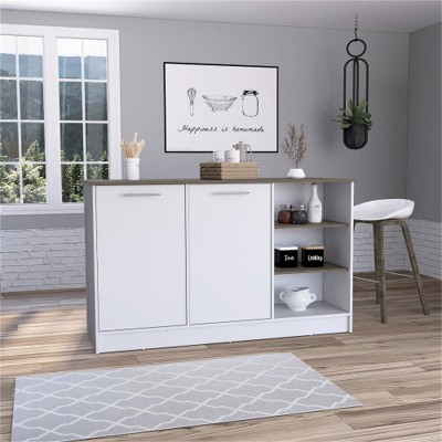 LunaLulinlk Kitchen Island, Three Open Shelves, Two Cabinets -White / Dark Brown