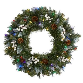 Nearly Natural 24" Pre-lit LED Snow-Tipped Pine Decorated Artificial Christmas Wreath Green with Multicolor Lights