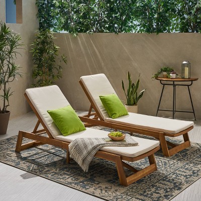Teak Finish Acacia Wood Chaise Lounger Set with Cream Cushions