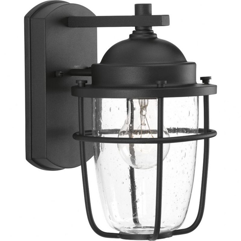 Progress Lighting Holcombe 1-Light Black Small Wall Lantern with Clear Seeded Glass and Brushed Nickel Interior, 1 of 2
