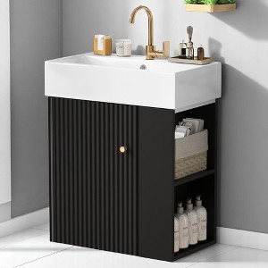 Mshliw 21.6" Modern Floating Bathroom Vanity with Ceramic Sink, Wave-Pattern Door, Rose Gold Handle, Side Storage - 1 of 4