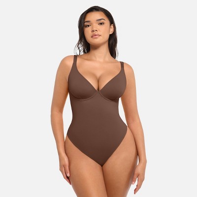 Feelingirl Women's Deep V Neck Tummy Control Thong Shapewear Bodysuit Black XS