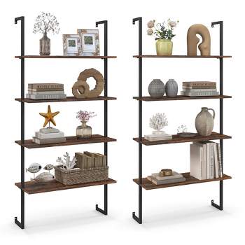 Costway 2 PCS 4-Tier Ladder Shelf Bookshelf Industrial Wall Shelf with Metal Frame Rustic
