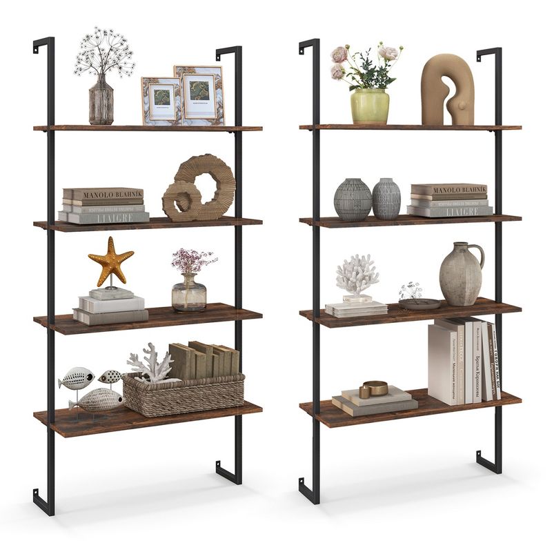 Costway 2 PCS 4-Tier Ladder Shelf Bookshelf Industrial Wall Shelf with Metal Frame Rustic, 1 of 11