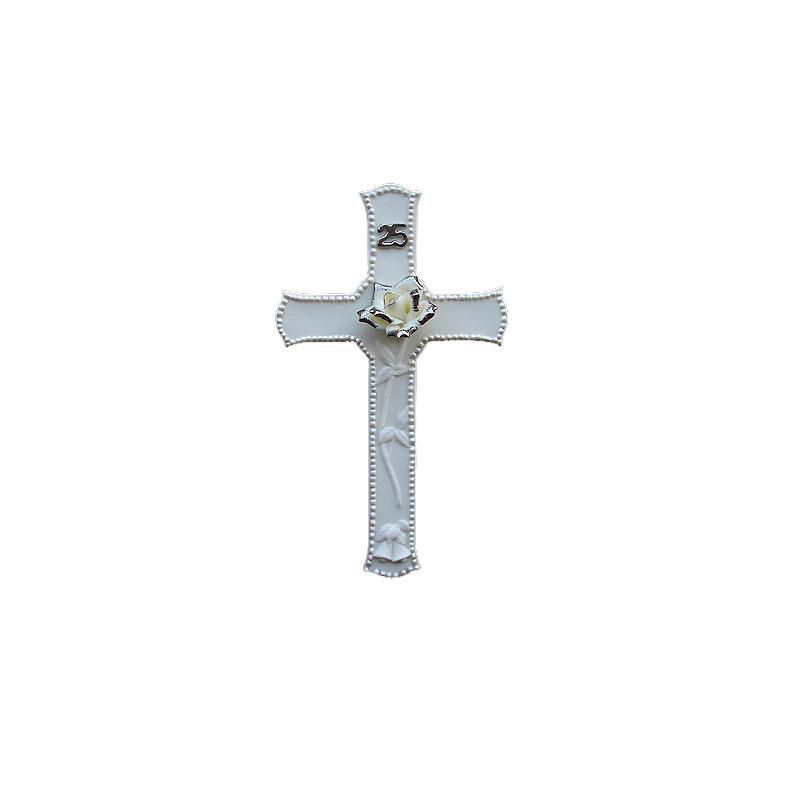 Roman 25th Silver Wedding Anniversary Porcelain Religious Wall Cross 8", 1 of 2