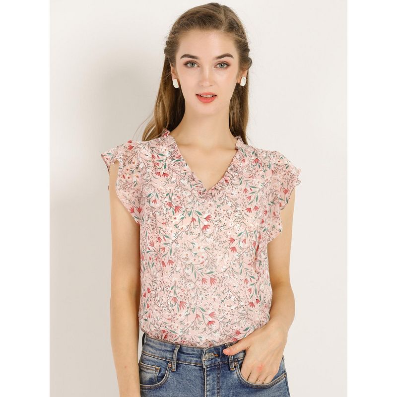 Allegra K Women's Ruffle Tops Casual V Neck Cap Sleeves Floral Blouse, 3 of 8