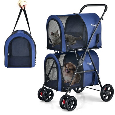 WELLFOR Foldable Pet Carrier 4-Wheel Pet Stroller in Navy with Adjustable Canopy and Storage Basket, Blue