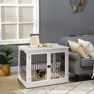 FURNIinspire Pet Crates And Houses Small Size Dog Cage Pet Crate End Table With Lockable Door, Indoor Puppy Kennel, White, 32"*23"*26" - 1 of 4