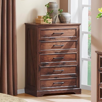 46" Farmhouse 5 Drawers Dresser for Bedroom, Tall Wood Chest of Drawers with Natural Texture for Bedroom, Living Room