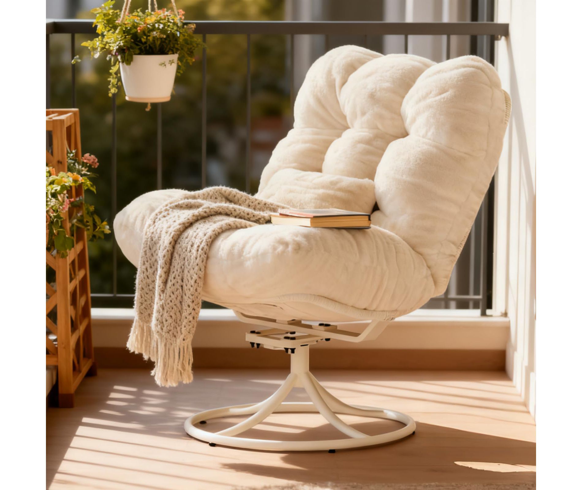Oversize 360° Swivel Plush Lounge Chair with Metal Rocking Base, Winter Rattan Rocking Papasan Chair with 6.3" Comfy Deep Seat