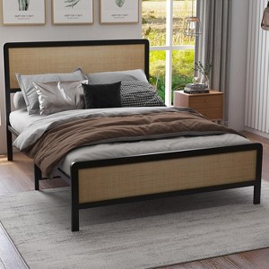 Metal Platform Bed Frame with Rattan Headboard and Footboard, Quiet, Sturdy Slats, Under-Bed Storage, Child and Pet Safe, No Box Spring Required - 1 of 4