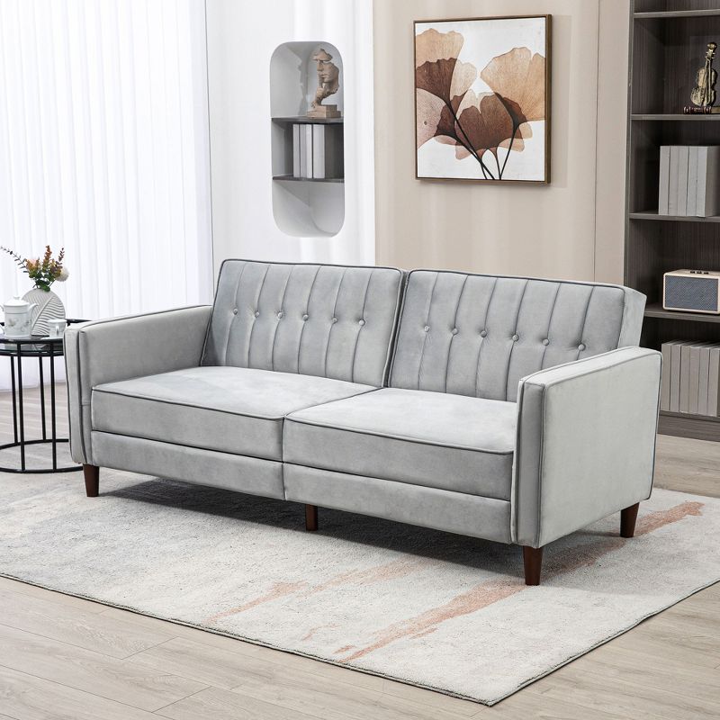 HOMCOM Convertible Sleeper Sofa, Futon Sofa Bed with Split Back Recline, Thick Padded Velvet-Touch Cushion Seating and Wood Legs, Light Gray, 3 of 7