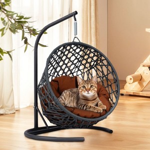 Cat Swing Bed with Stand & Cushion, Cat Egg Chair with Rattan Wicker Appearance, Indoor Hanging Swinging Cat Bed for Cats - 1 of 4