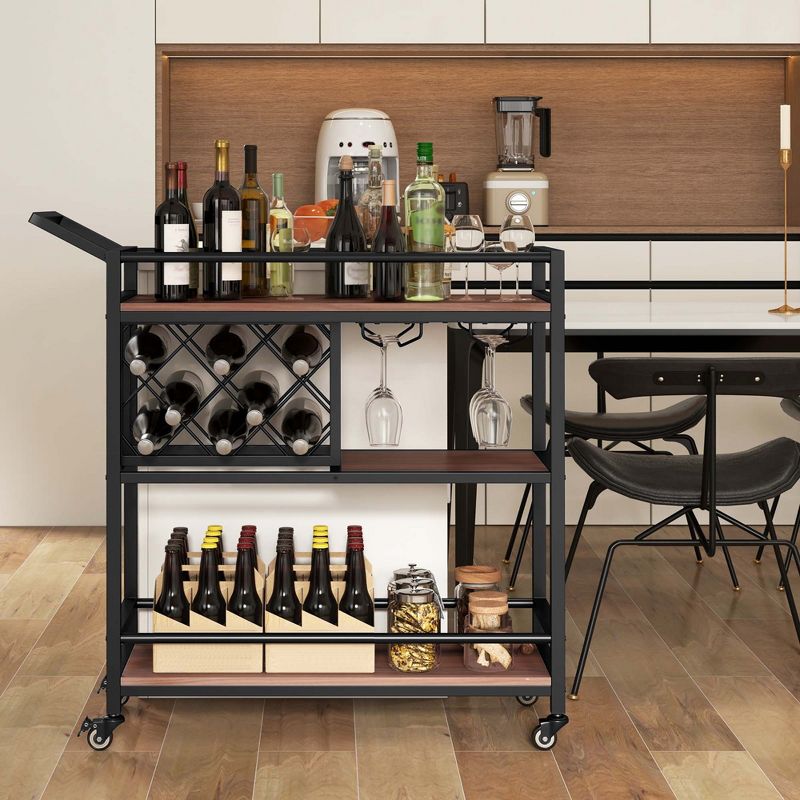 Costway 3-tier Bar Cart on Wheels Home Kitchen Serving Cart with Wine Rack & Glass Holder Rustic Brown/Brown, 5 of 11