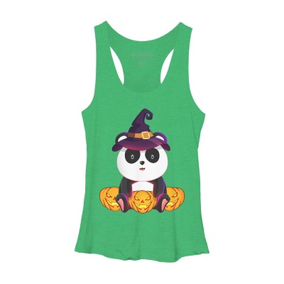Women's Design By Humans Cute Panda Mock up Witch With Jack O Lantern Halloween T-Shirt By thebeardstudio Racerback Tank Top