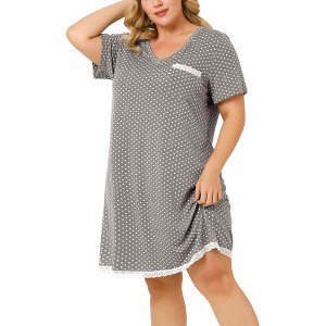 Women's Plus Size Pajamas Polka Dots  Lace Trim V Neck Short Sleeve Lounge Midi Nightgowns with Pocket - Agnes Orinda - 1 of 4