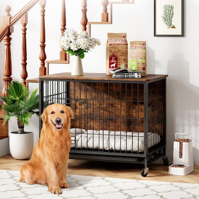 Whizmax Dog Crate Furniture, 38.6'' Wooden Dog Kennel with Wheels and Double Door, Decorative Pet House with Removable Tray for Living Room, Bedroom