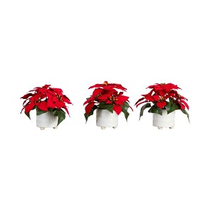 Nearly Natural 9-in Artificial Poinsettia Arrangements in White Ceramic Pots - Set of 3 - 1 of 4
