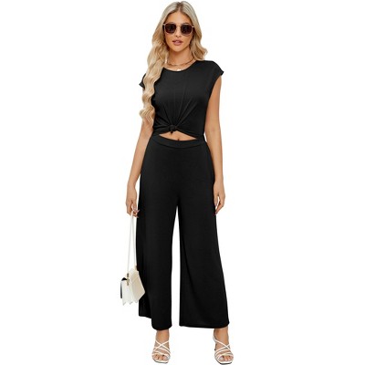 Womens Wide Leg Casual Jumpsuits Cap Sleeve Summer One Piece Outfits Crewneck Romper Criss Cross V-Back