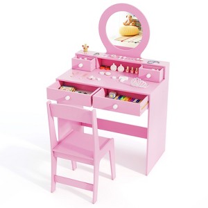 Tangkula Kids Vanity Set Desk & Chair Set w/ Mirror Open Shelf & 4 Storage Drawers - 1 of 4