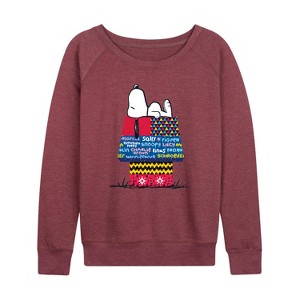 Women's - Peanuts - Snoopy Patchwork Doghouse Lightweight French Terry Wide Neck Long Sleeve Shirt - 1 of 4